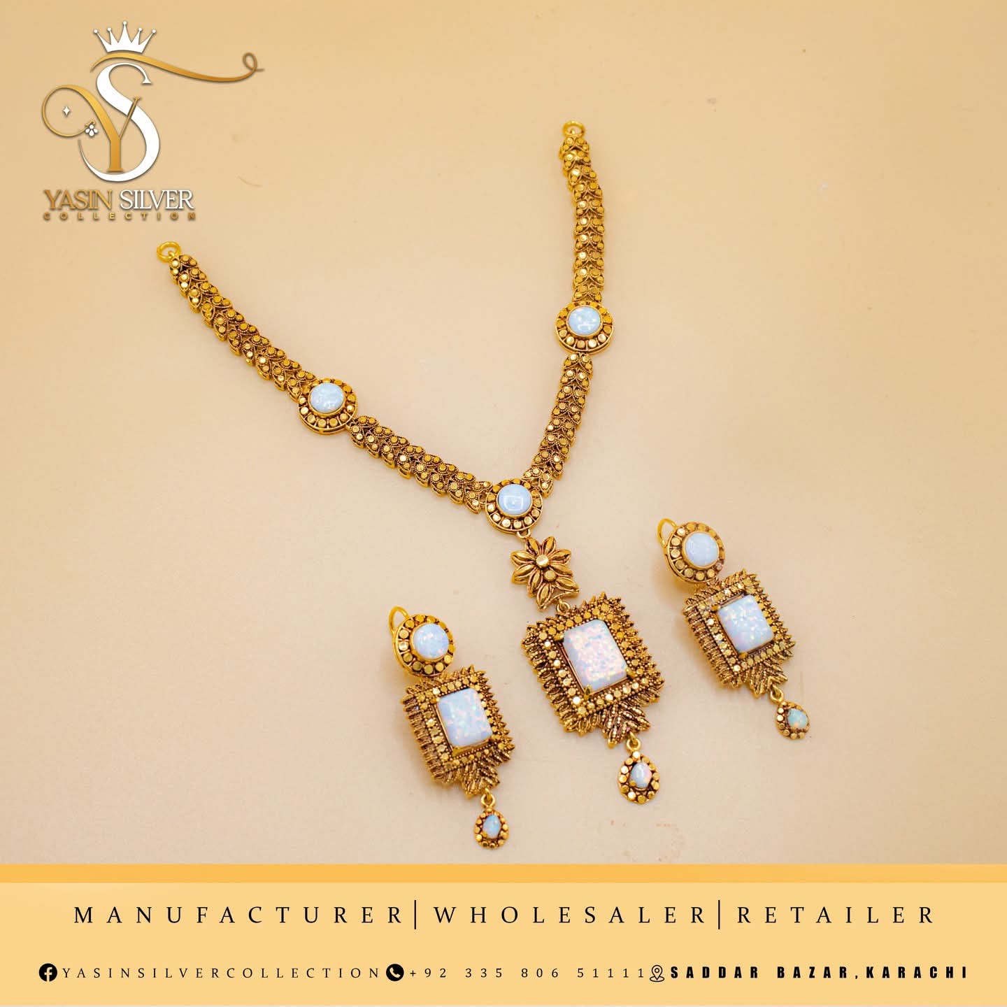Royal White Opal Silver Necklace Set