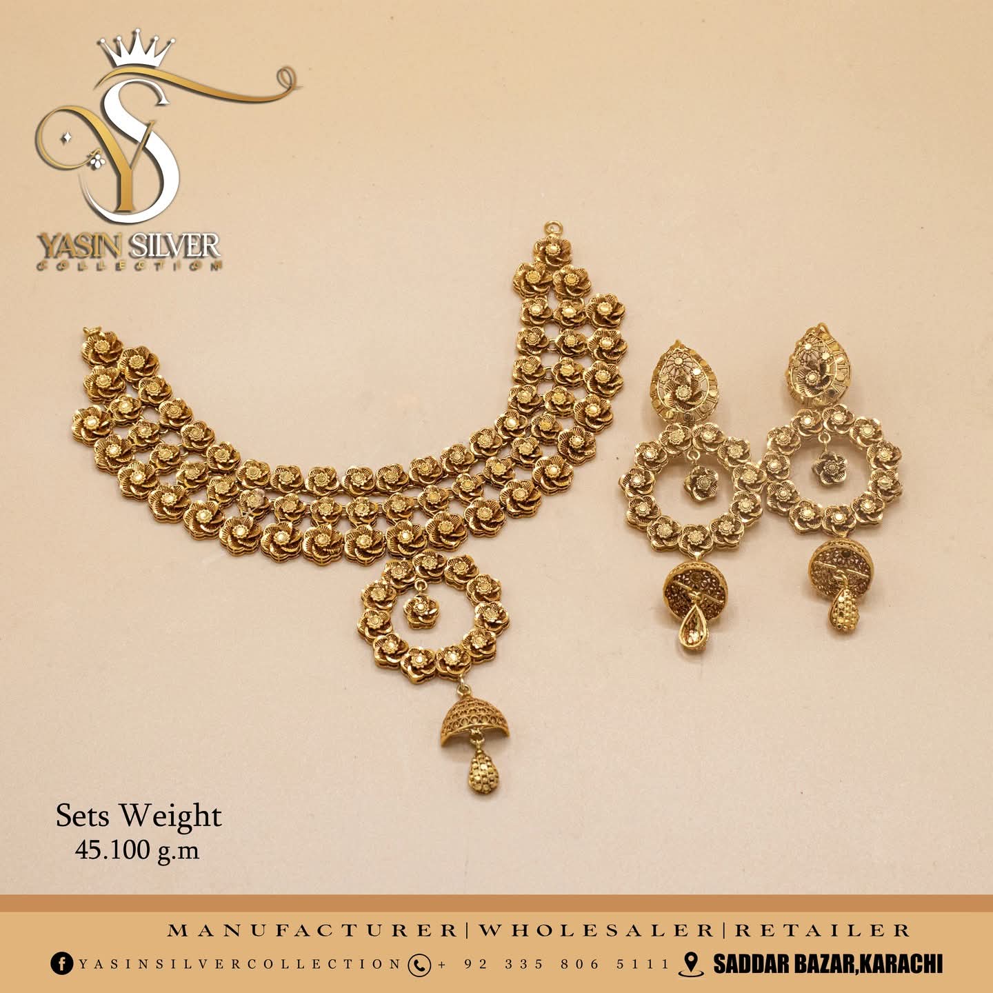 Royal Triple-Layer Floral Jhumka Choker