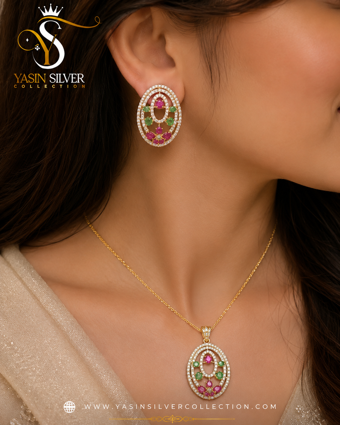 Royal Ruby & Emerald Oval Pendant Set