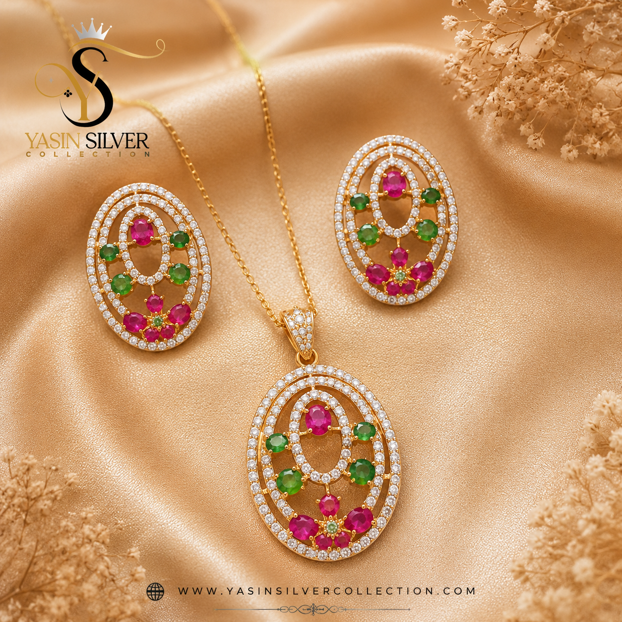 Royal Ruby & Emerald Oval Pendant Set