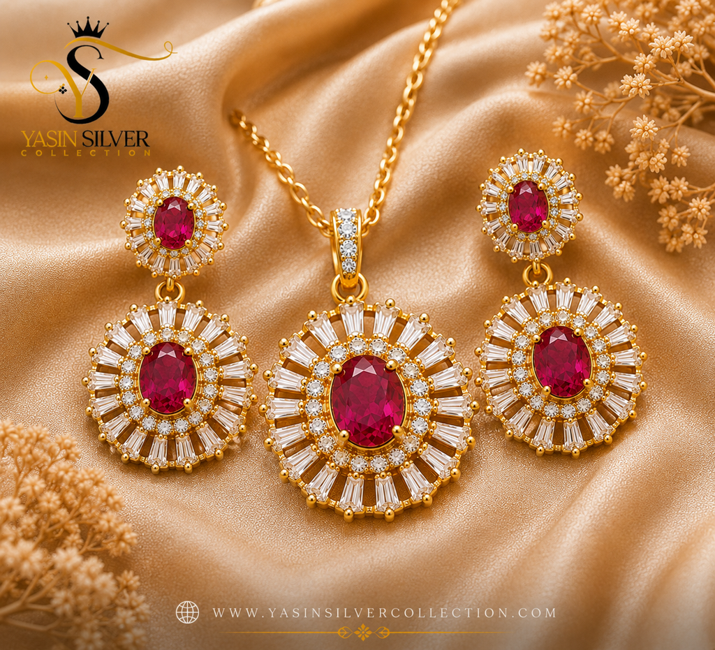 Crimson Crown Silver Pendant Set