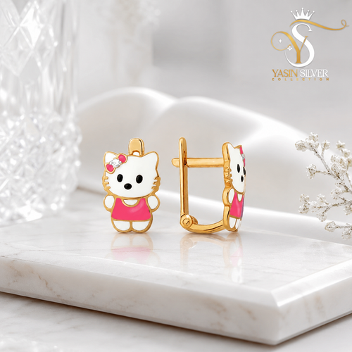 Cute Cat Pink Bow Silver Stud Earrings