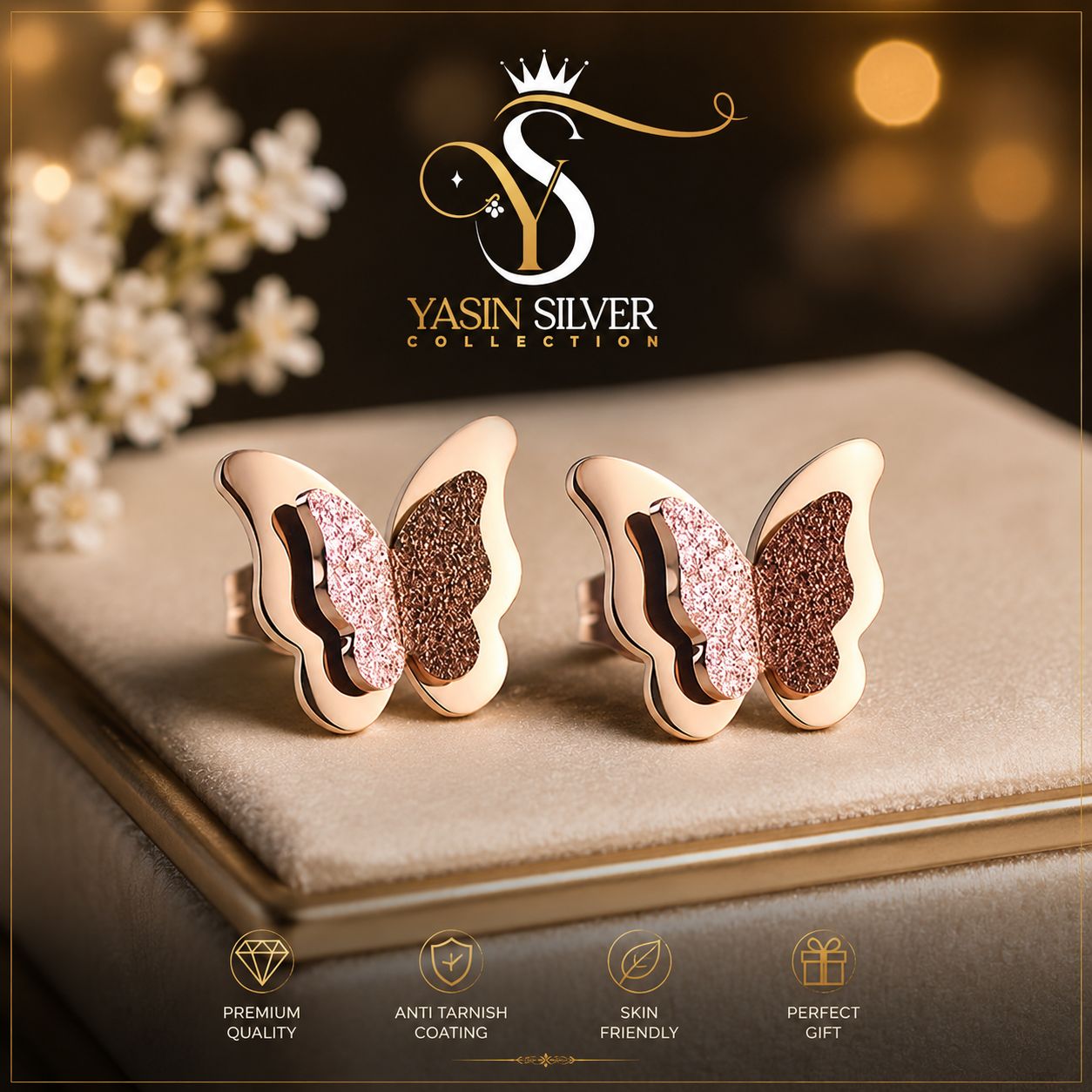 Rose Gold Butterfly Sparkle Earrings