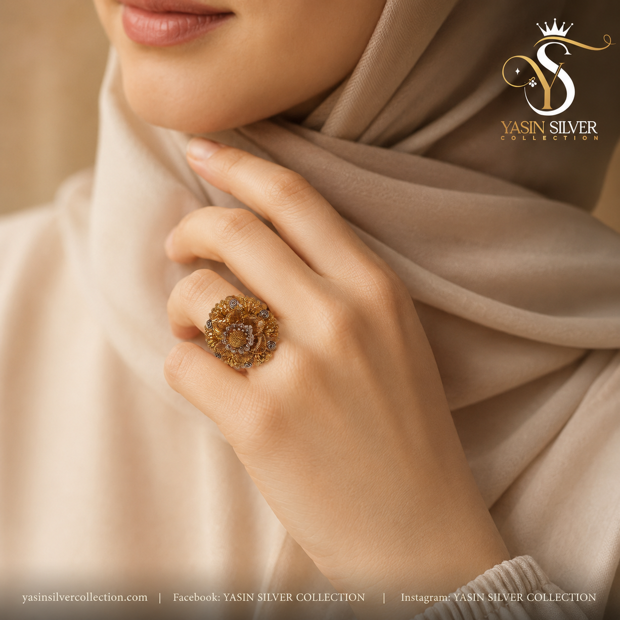 Golden Floral Filigree Ring
