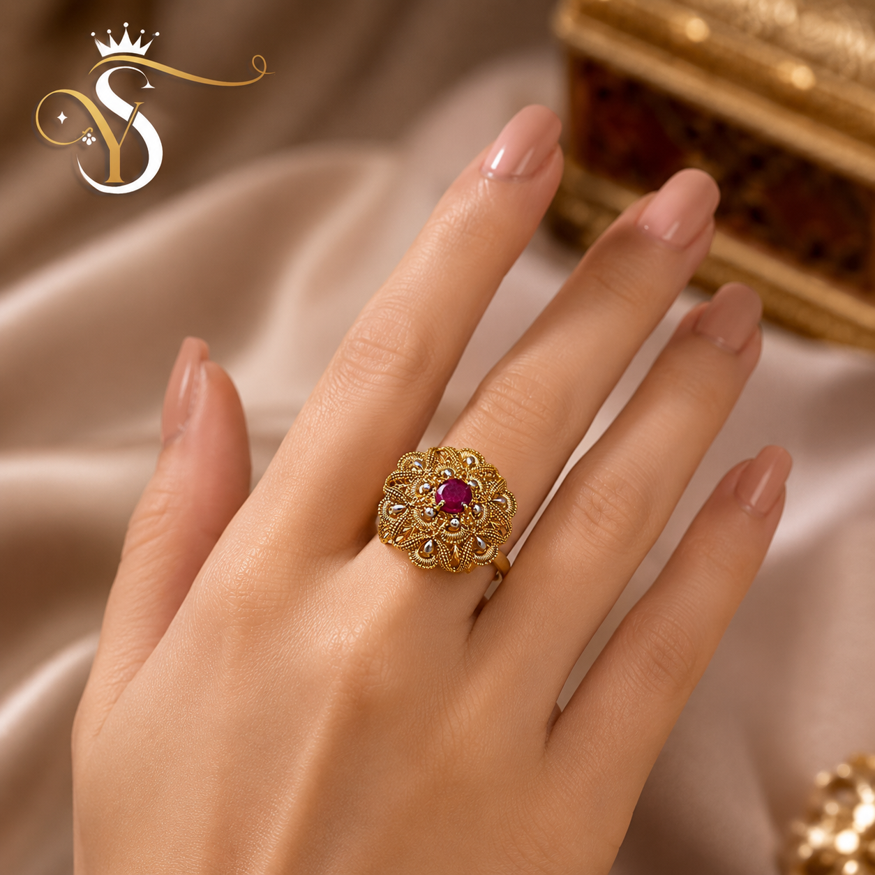 Ruby Blossom Filigree Ring