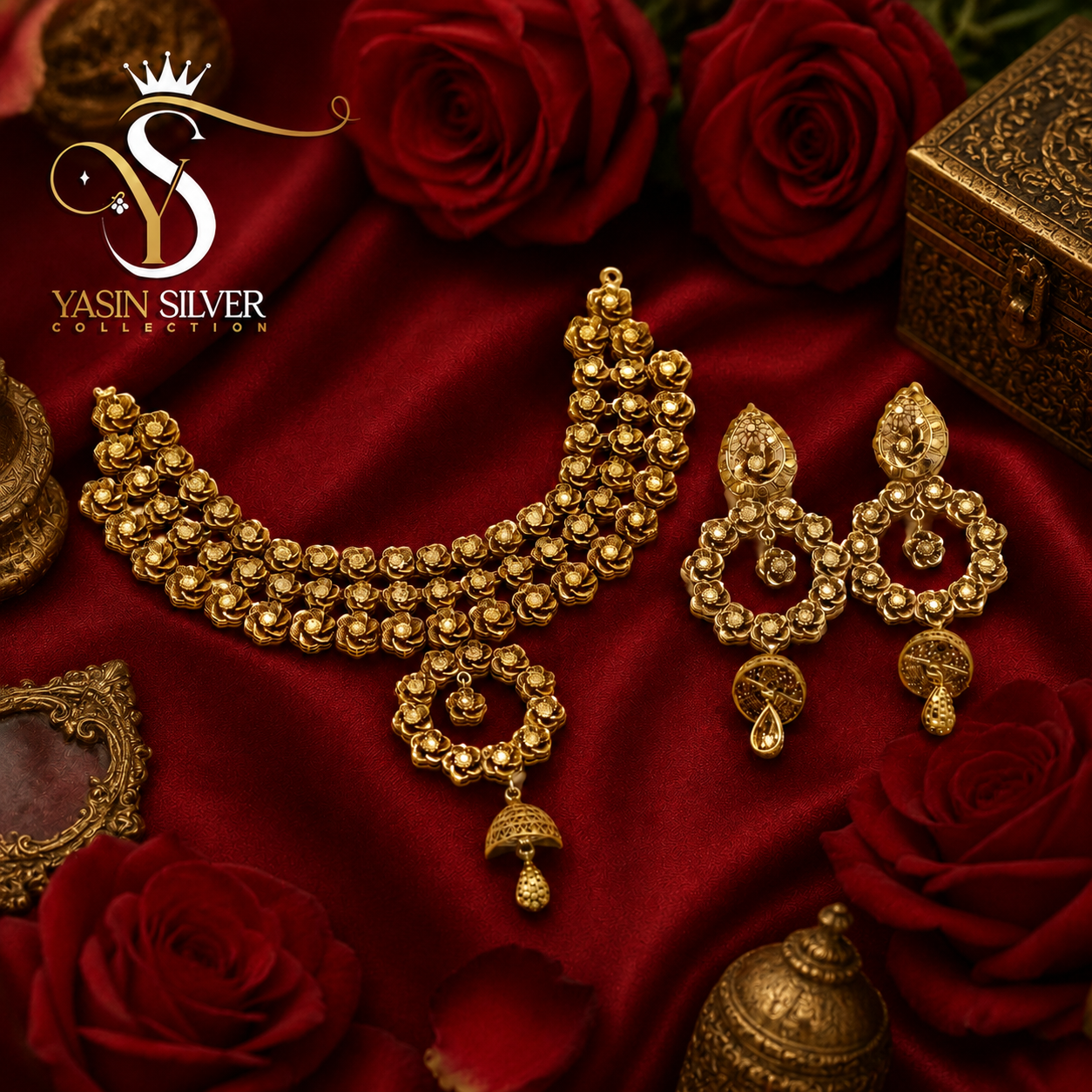 Royal Triple-Layer Floral Jhumka Choker