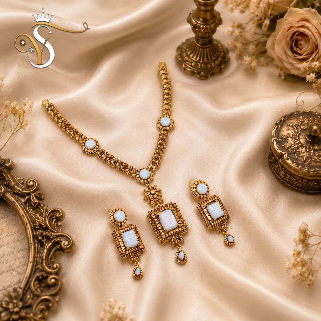 Royal White Opal Silver Necklace Set