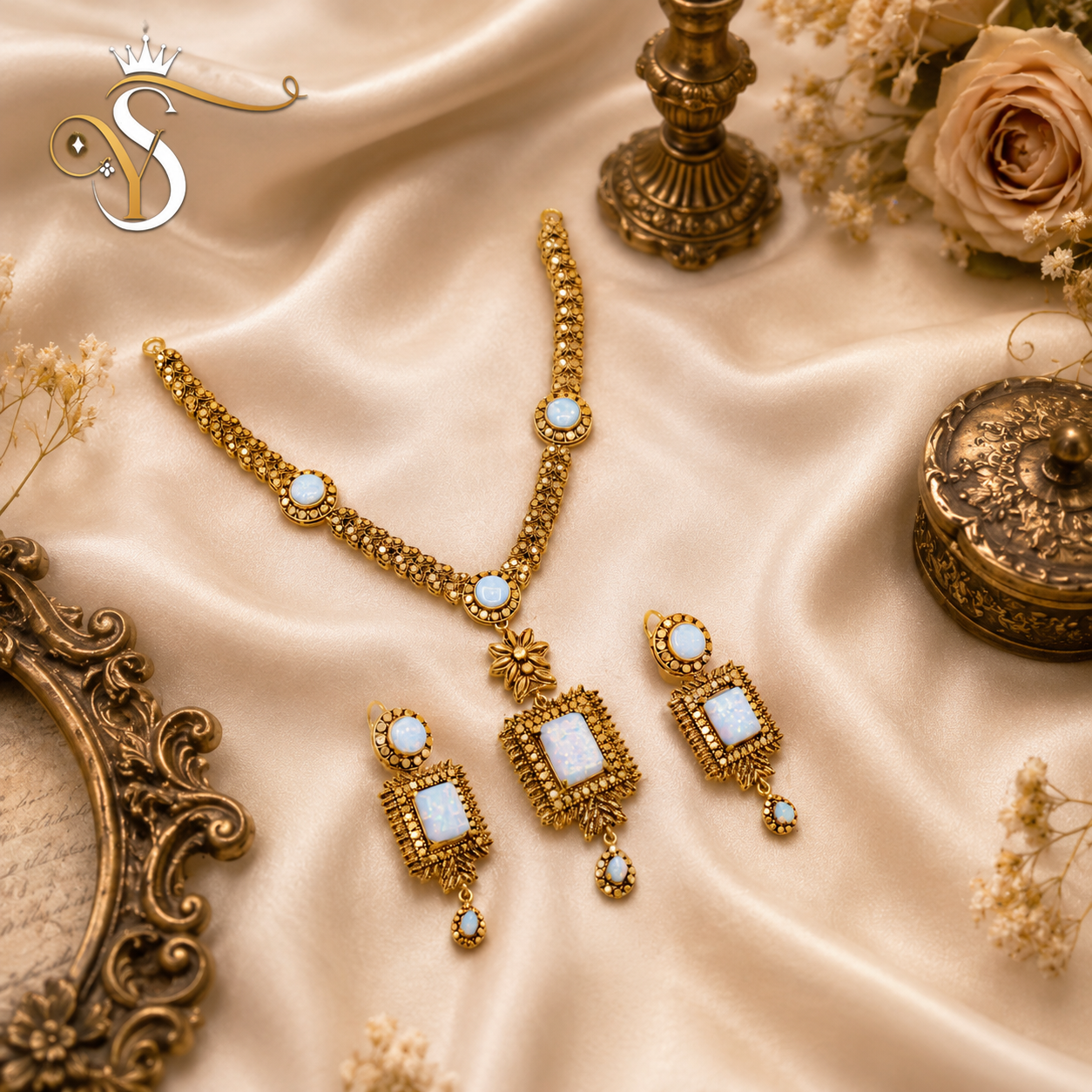 Royal White Opal Silver Necklace Set