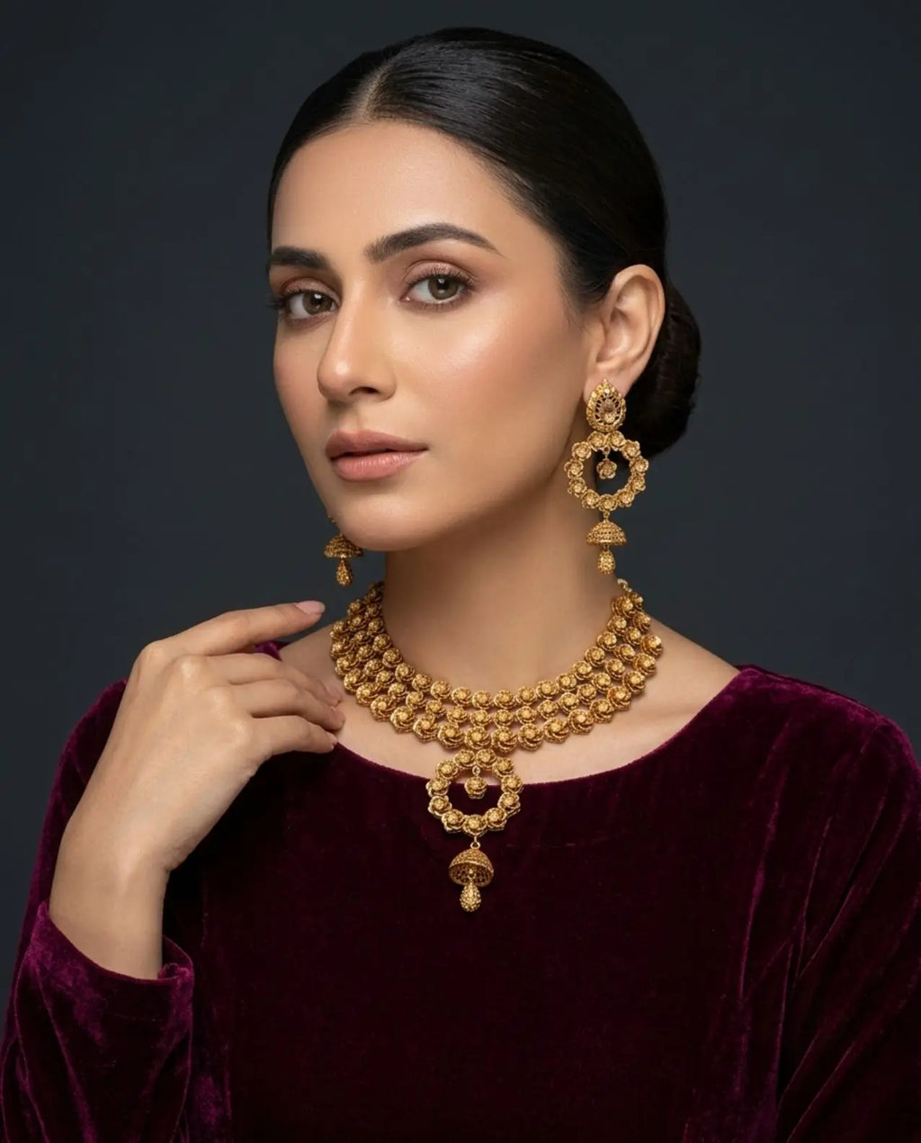 Royal Triple-Layer Floral Jhumka Choker