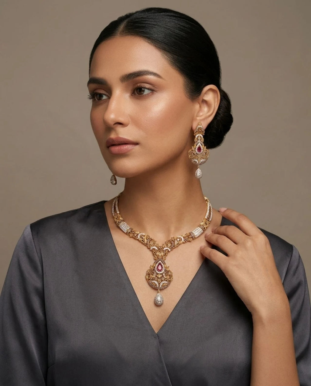 Royal Floral Ruby Necklace Set