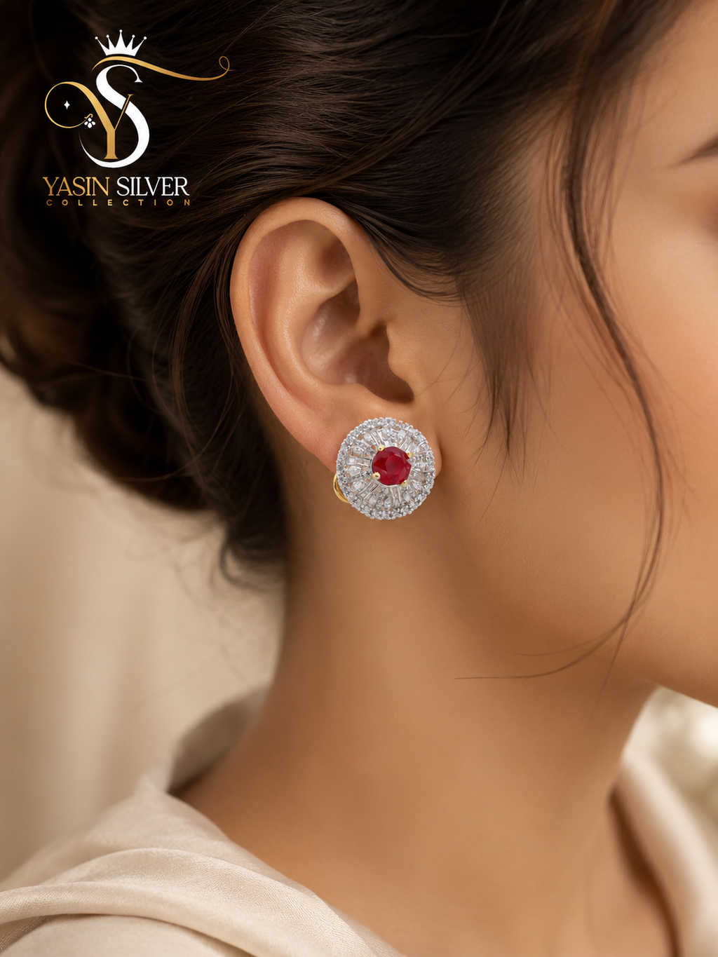 Ruby Halo Silver Stud Earrings