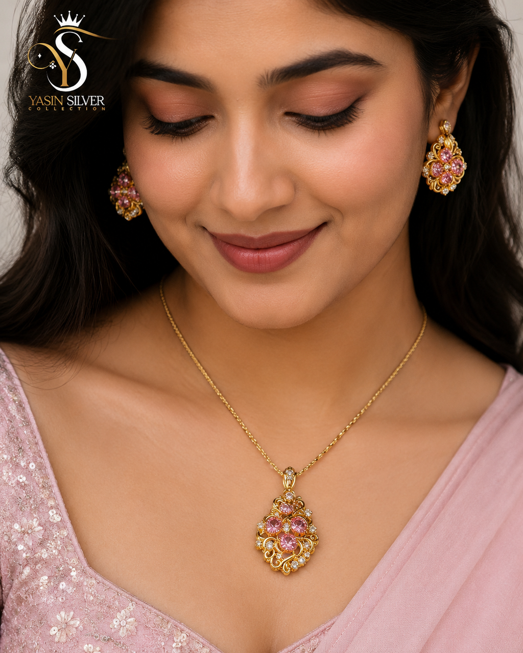 Pink Crystal Pendant & Earrings