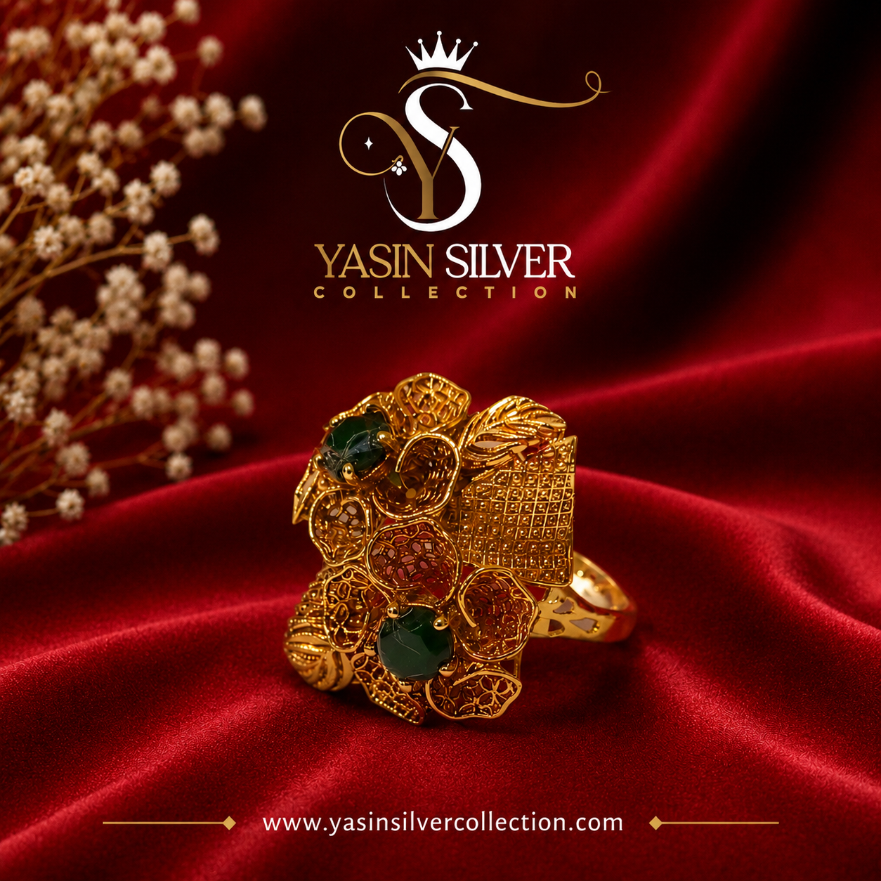 Golden Floral Emerald Ring