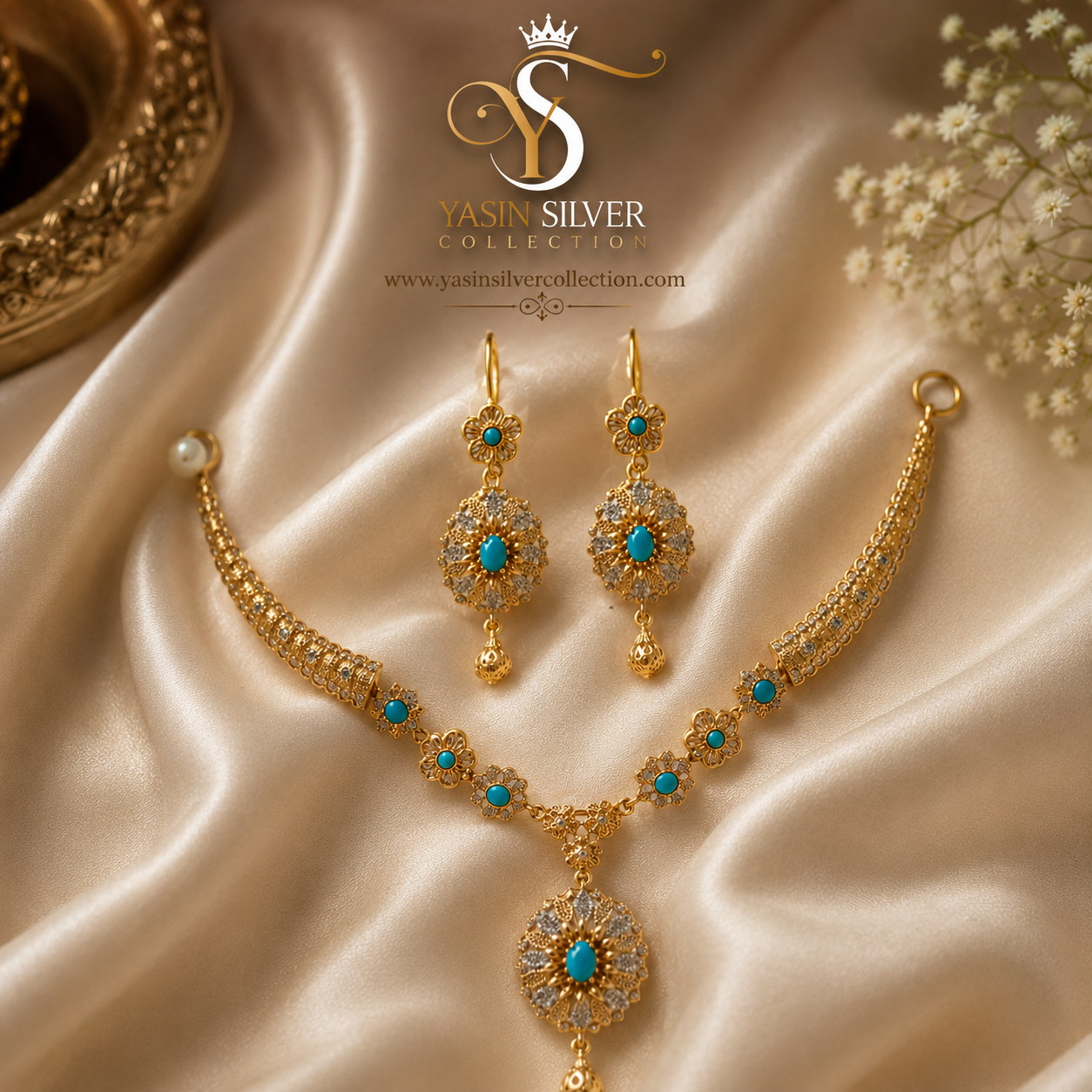 Turquoise Gold Floral Necklace Set