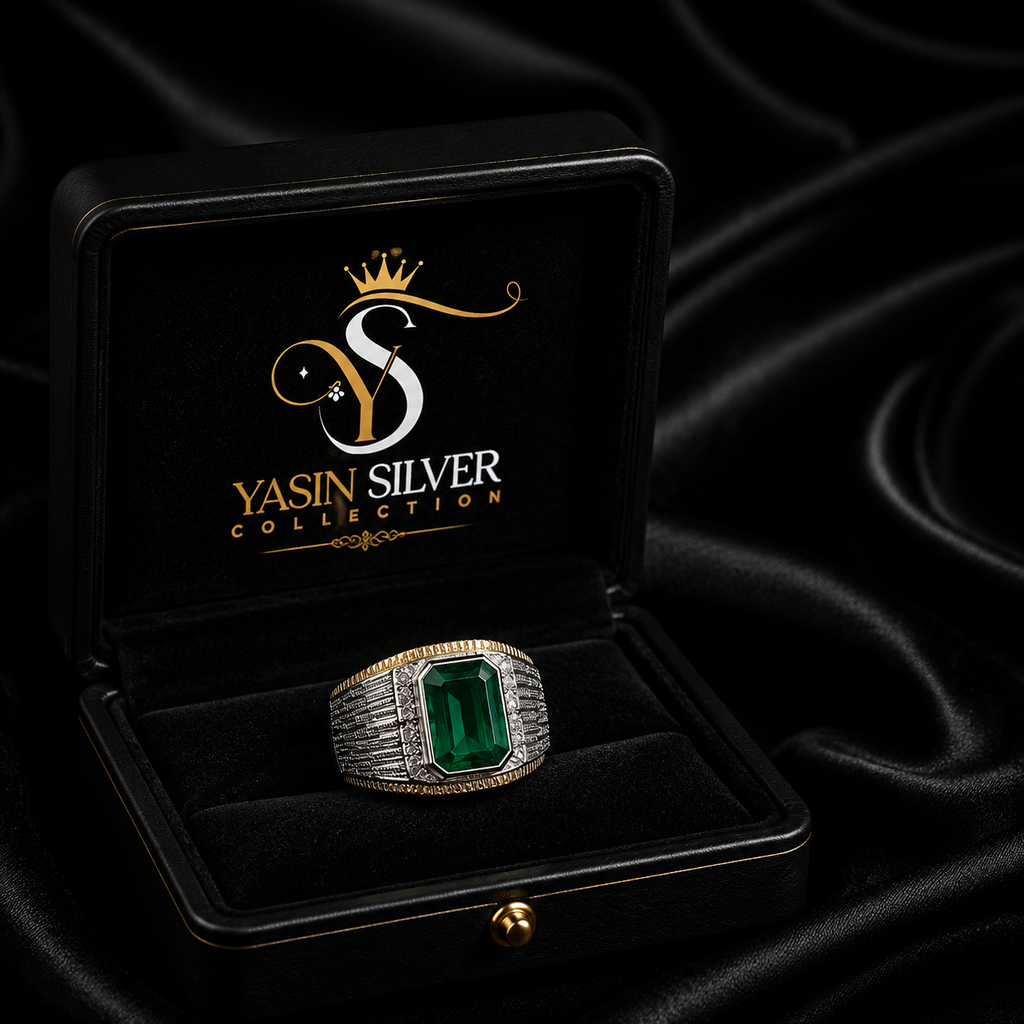 Luxury Real Emerald Silver Gold Ring
