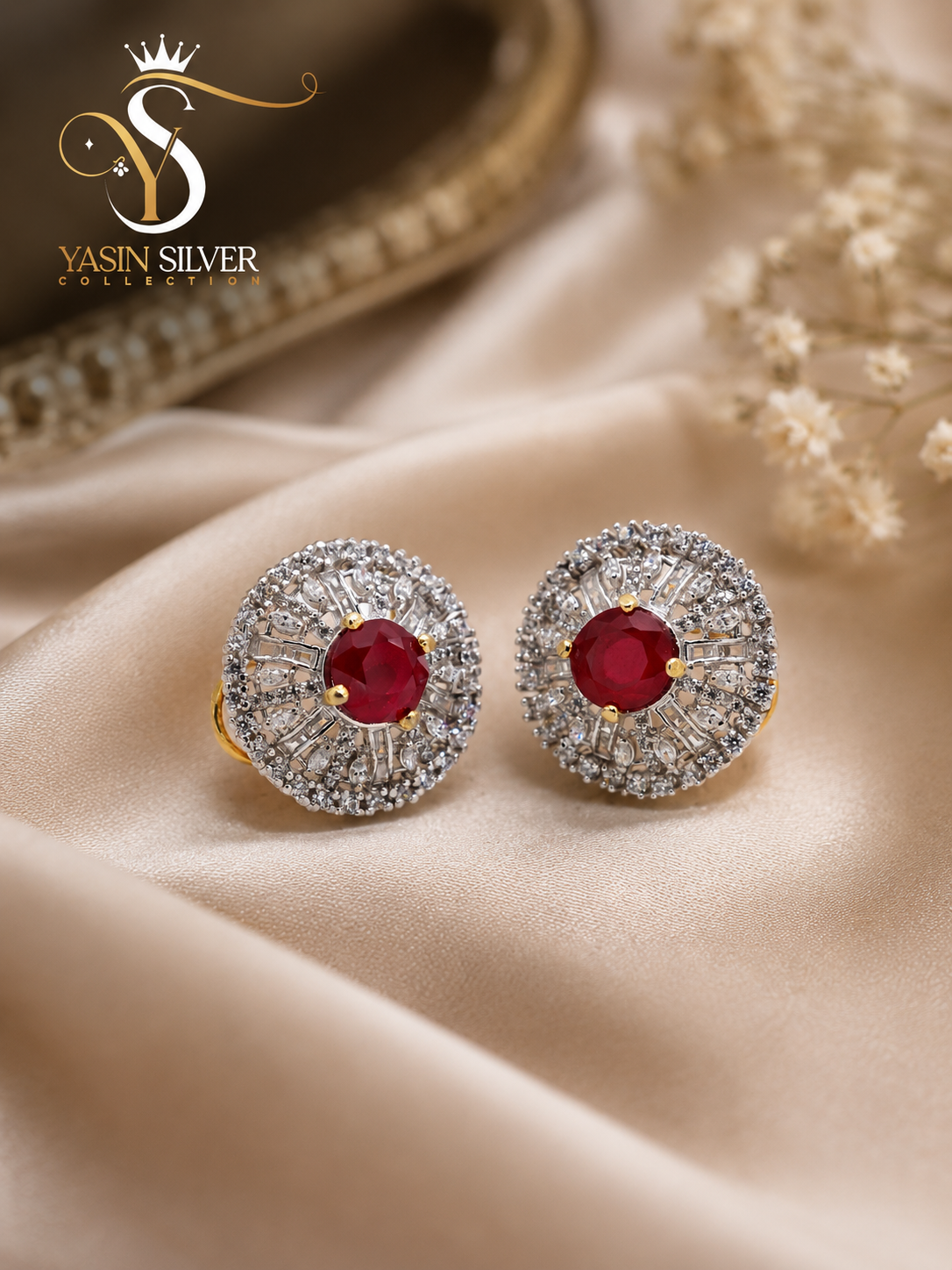 Ruby Halo Silver Stud Earrings