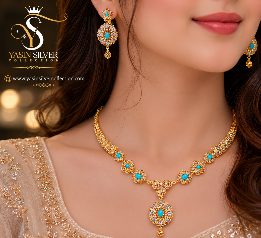Turquoise Gold Floral Necklace Set