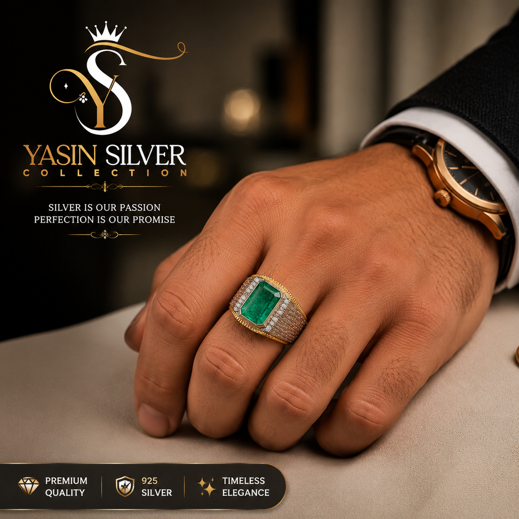 Luxury Real Emerald Silver Gold Ring