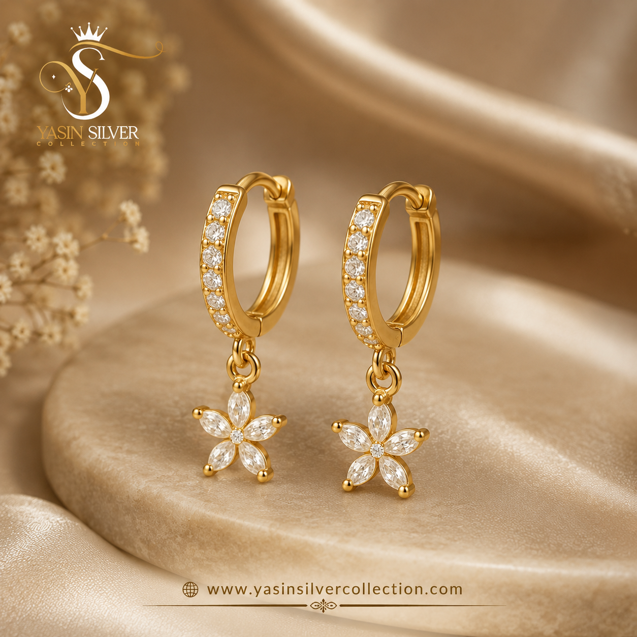 Gold Crystal Flower Drop Hoop Earrings