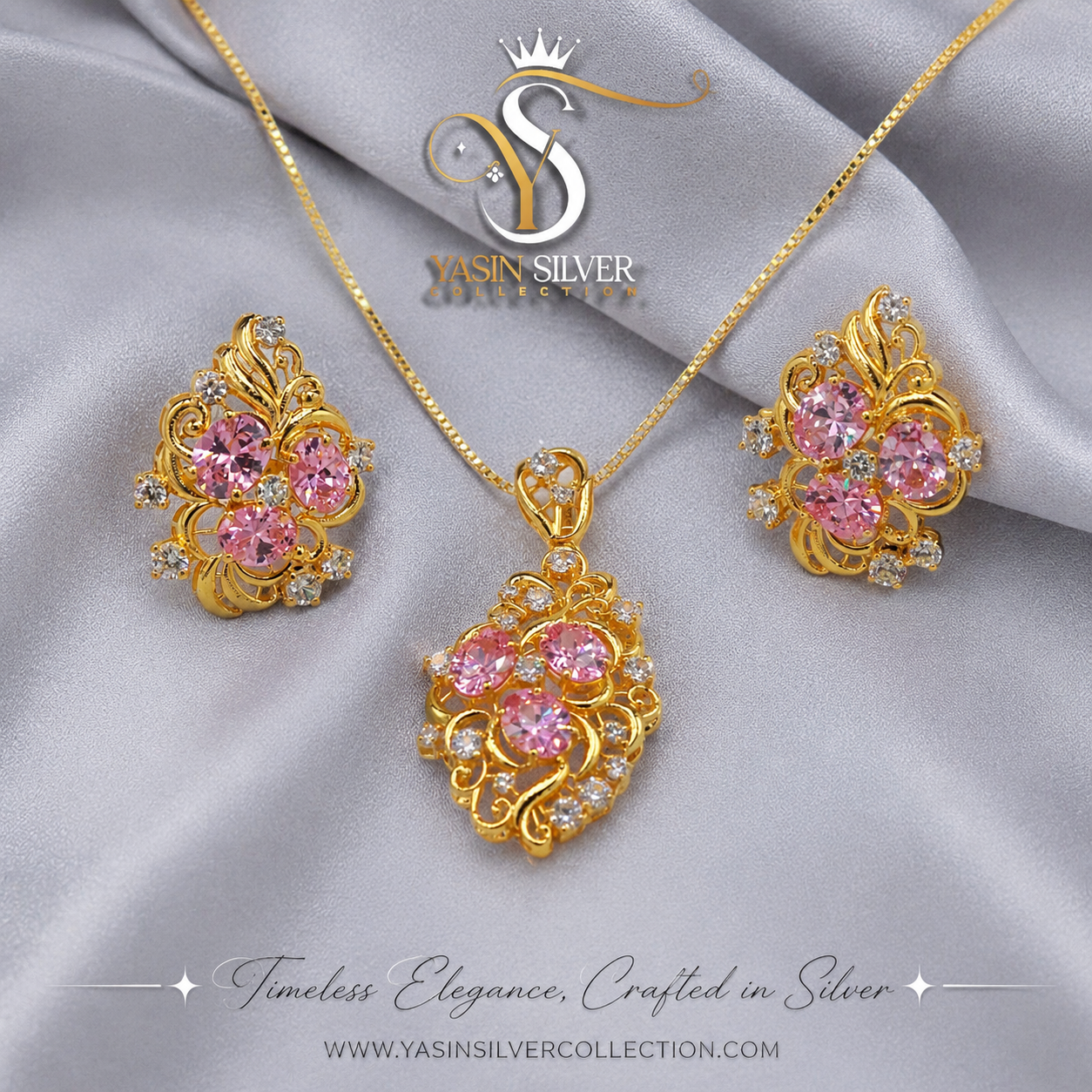 Pink Crystal Pendant & Earrings