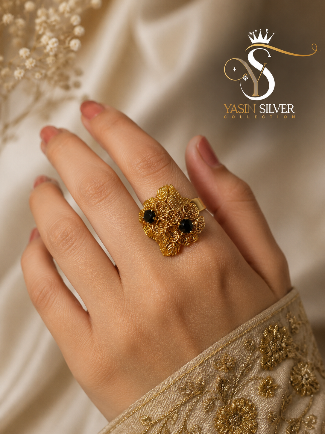 Golden Floral Emerald Ring