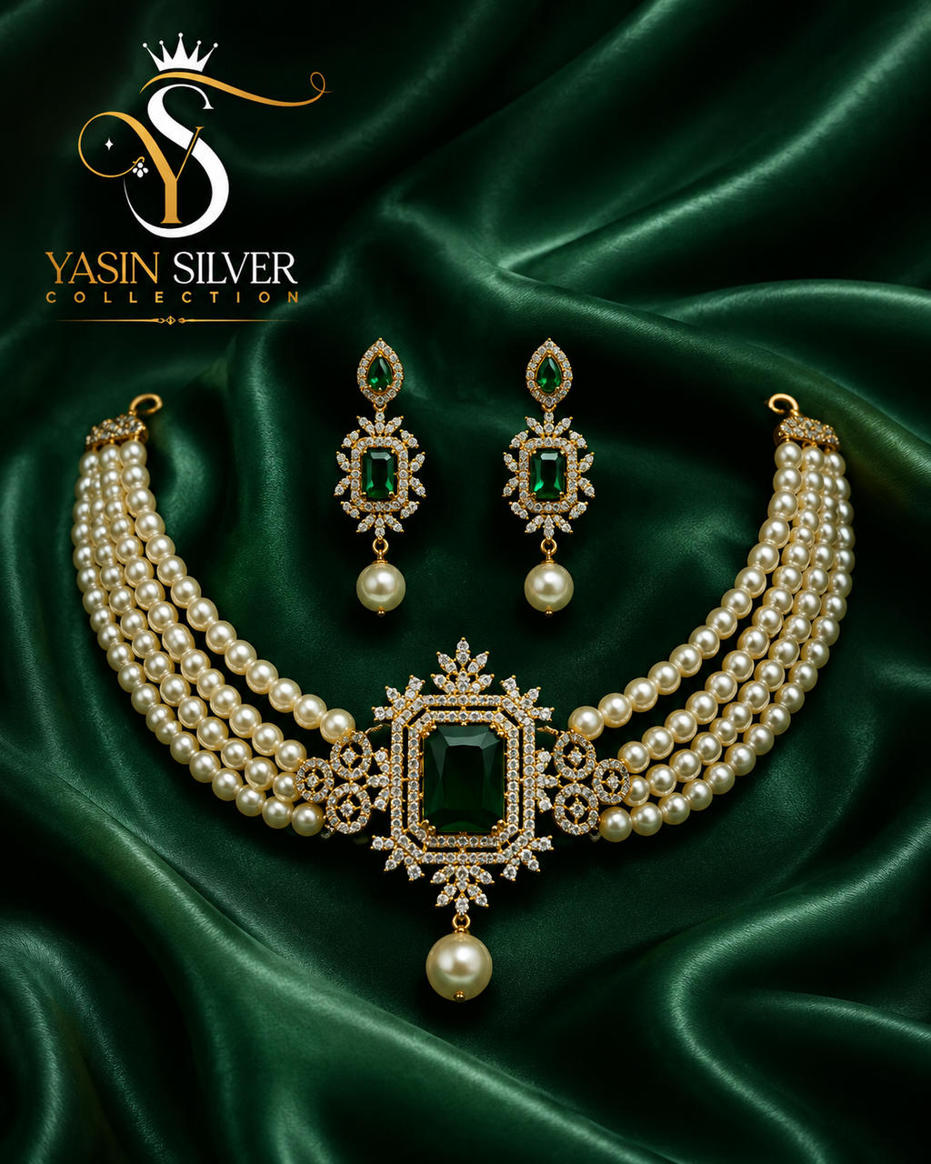 Yasin Crown Emerald Pearl Set