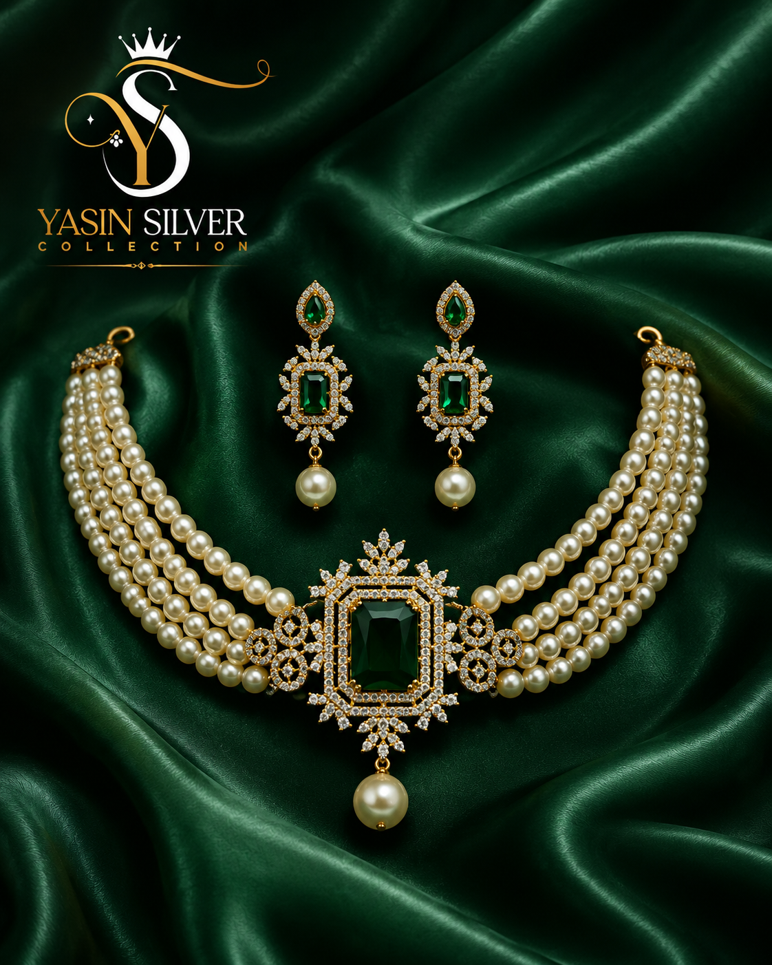 Yasin Crown Emerald Pearl Set