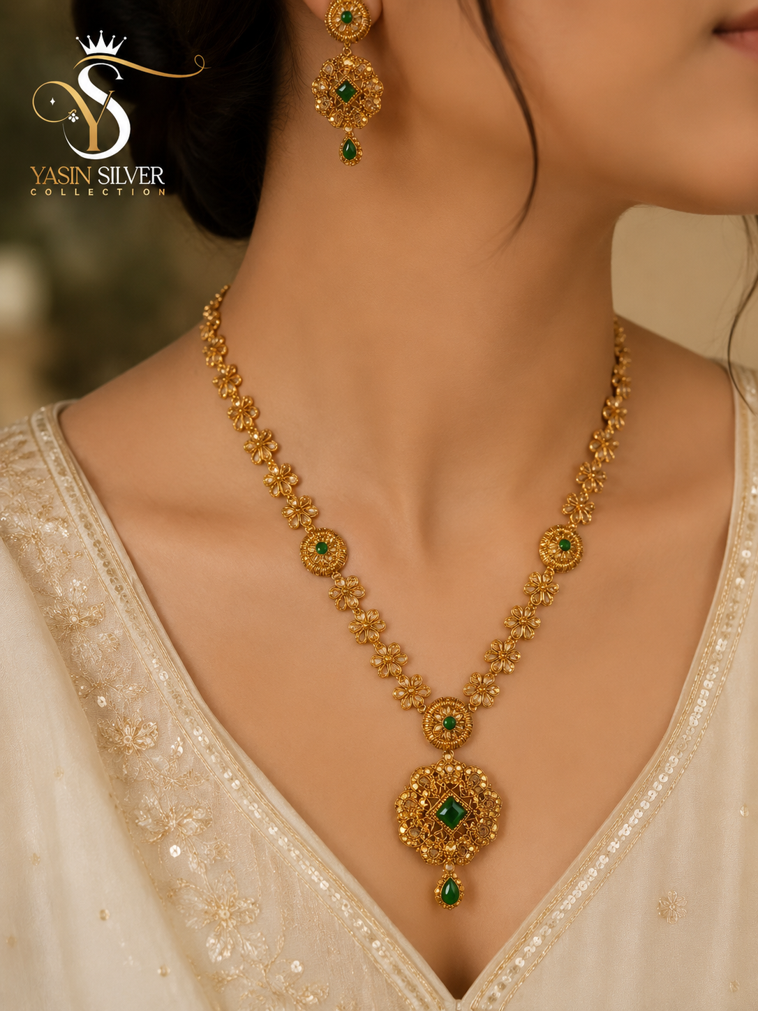 Green Stone Floral Jewelry Set