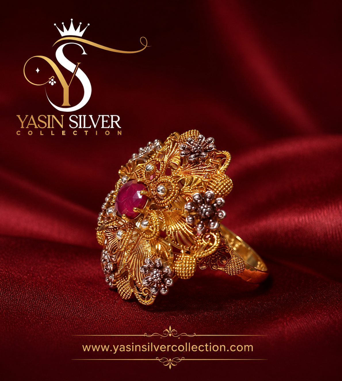 Ruby Floral Silver Ring