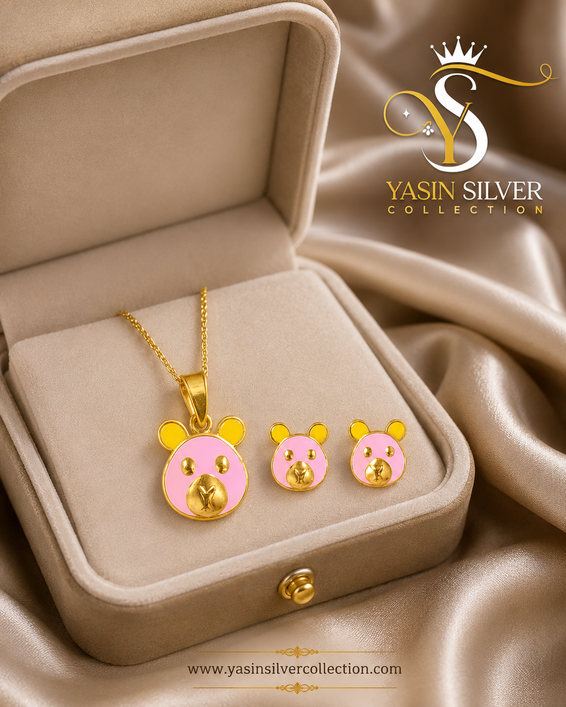 Kids Pink Teddy Bear Gold Plated Silver Jewelry Set