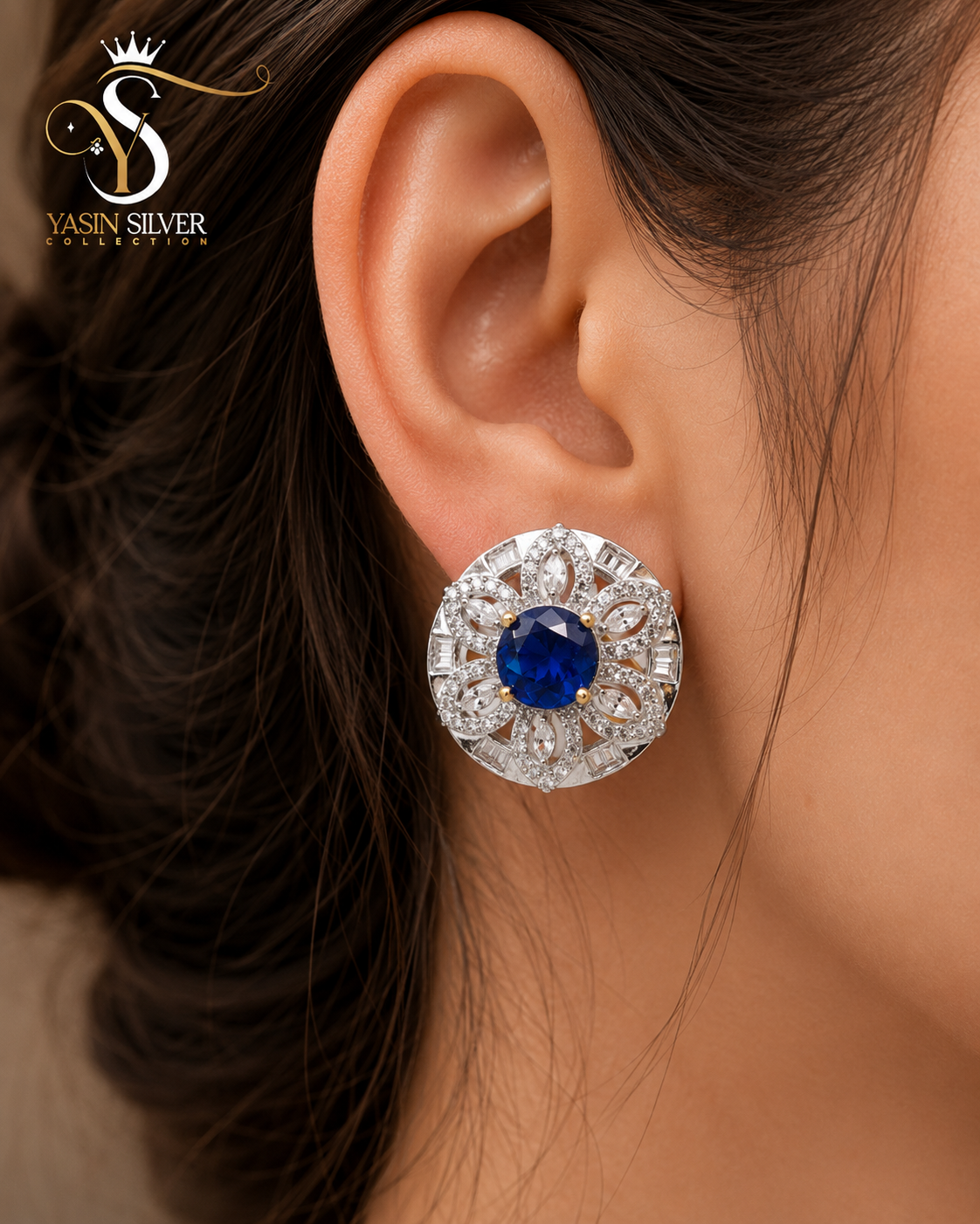 Royal Blue Sapphire Flower Stud Earrings