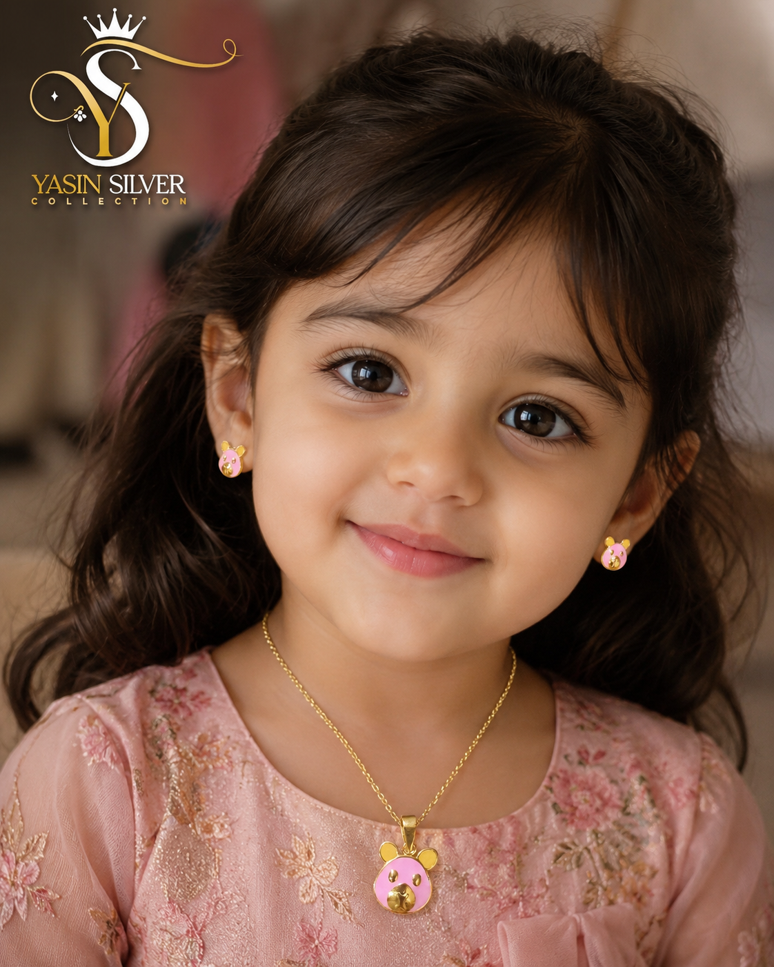 Kids Pink Teddy Bear Gold Plated Silver Jewelry Set